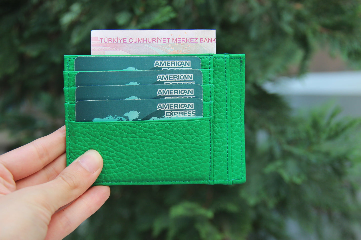 Leather Card Holder, Coin Compartment, 6 Card Compartments, Pine Green