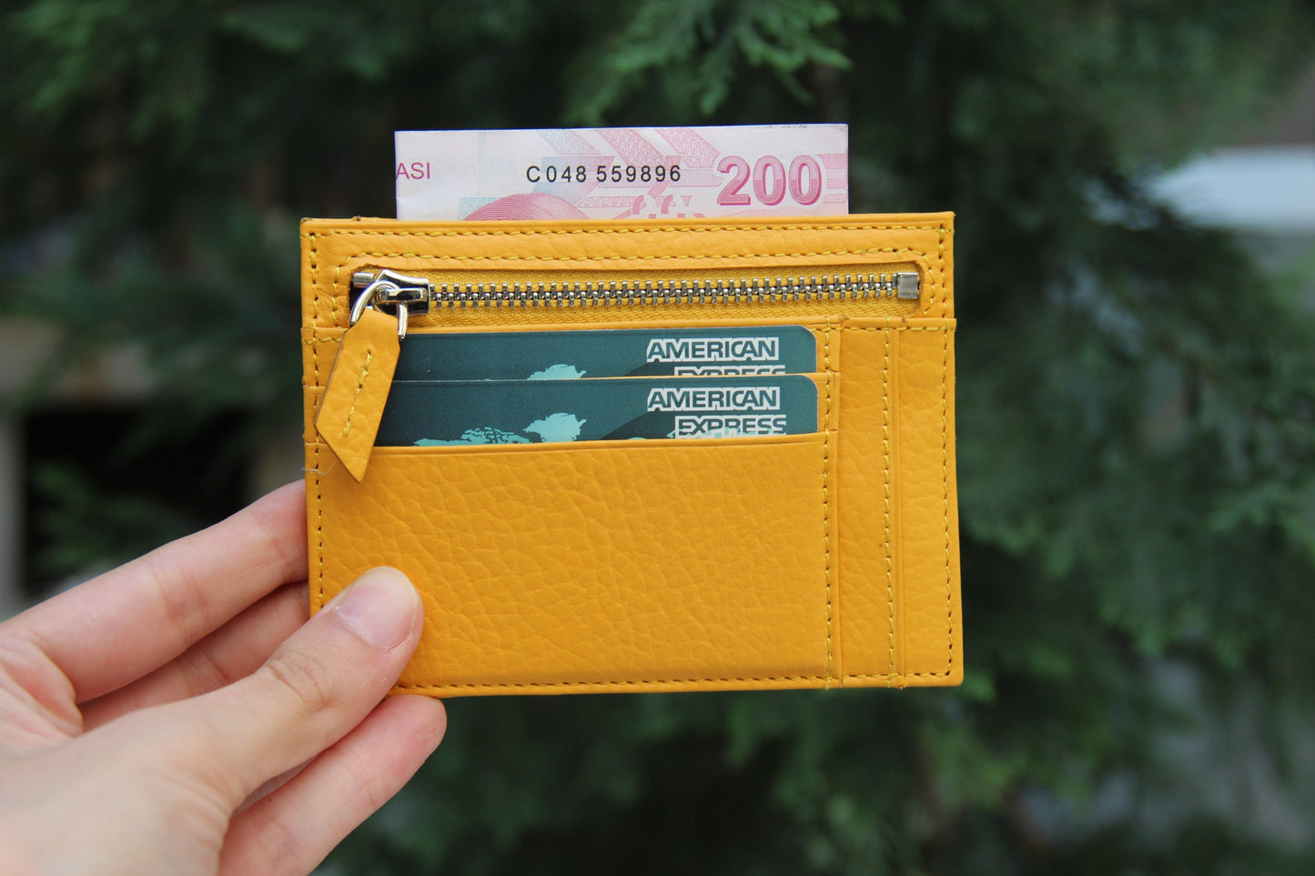 Leather Card Holder, Coin Compartment, 6 Card Compartments, Lemon Yellow