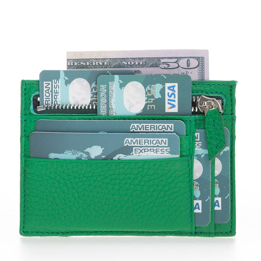 Leather Card Holder, Coin Compartment, 6 Card Compartments, Pine Green