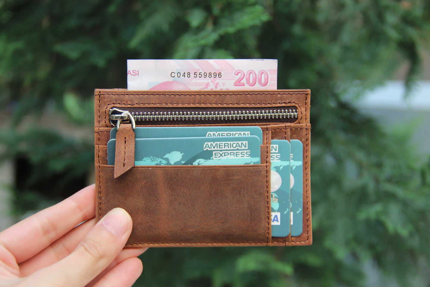 Leather Card Holder, Coin Compartment, 6 Card Compartments, Antique Brown