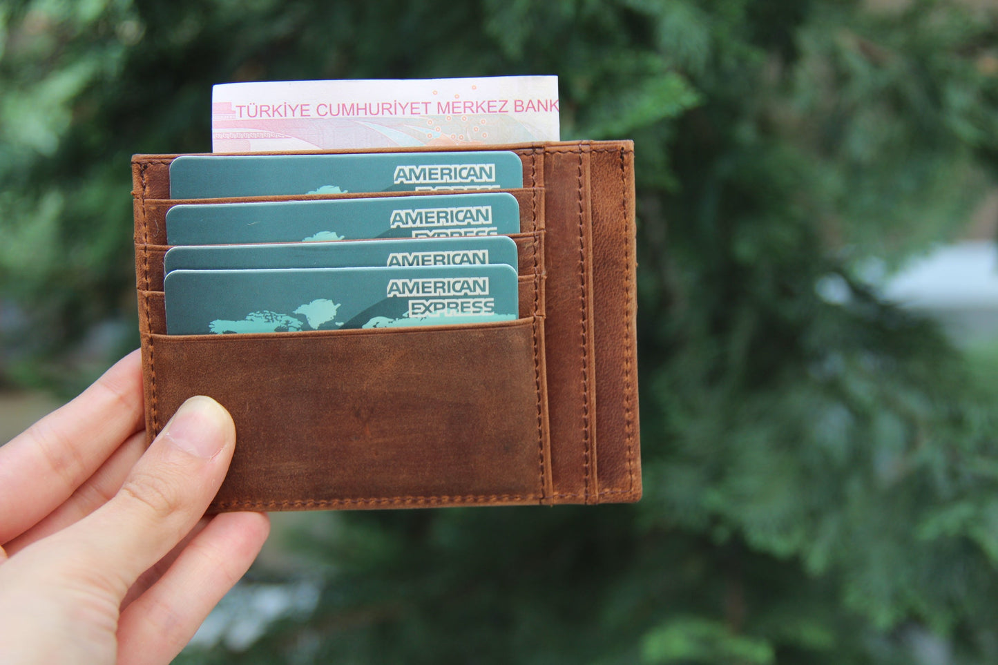 Leather Card Holder, Coin Compartment, 6 Card Compartments, Antique Brown