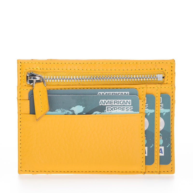 Leather Card Holder, Coin Compartment, 6 Card Compartments, Lemon Yellow