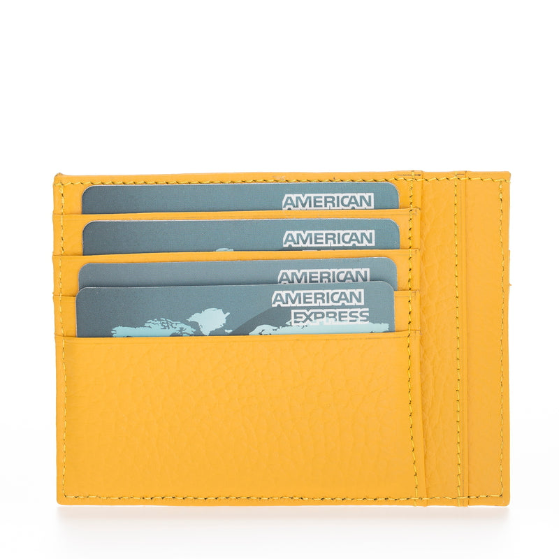 Leather Card Holder, Coin Compartment, 6 Card Compartments, Lemon Yellow