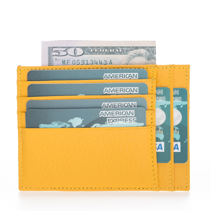 Leather Card Holder, Coin Compartment, 6 Card Compartments, Lemon Yellow