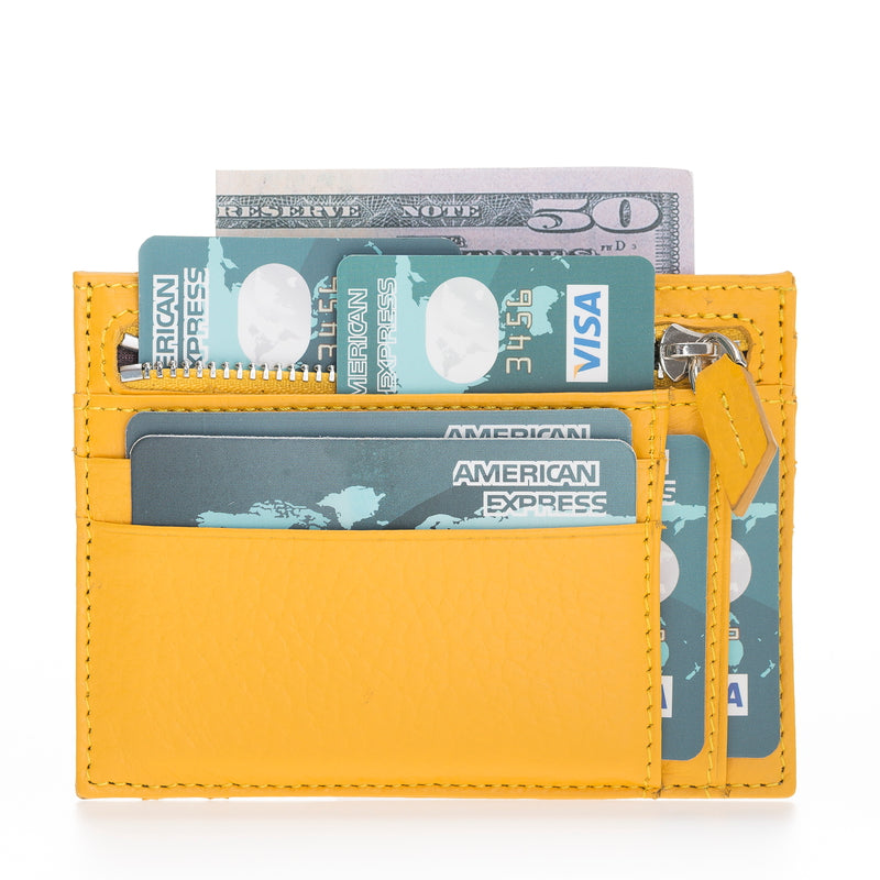 Leather Card Holder, Coin Compartment, 6 Card Compartments, Lemon Yellow