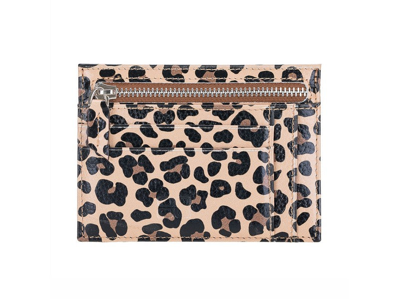 Leather Card Holder, Coin Compartment, 6 Card Compartments, Leopard Pattern