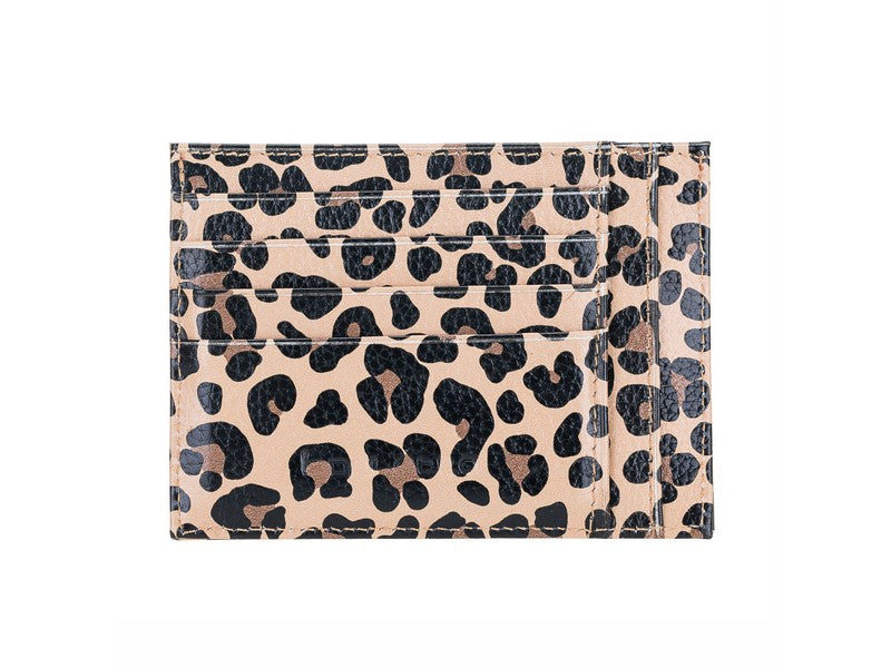 Leather Card Holder, Coin Compartment, 6 Card Compartments, Leopard Pattern