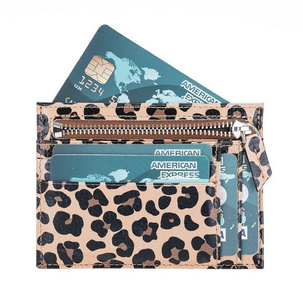 Leather Card Holder, Coin Compartment, 6 Card Compartments, Leopard Pattern