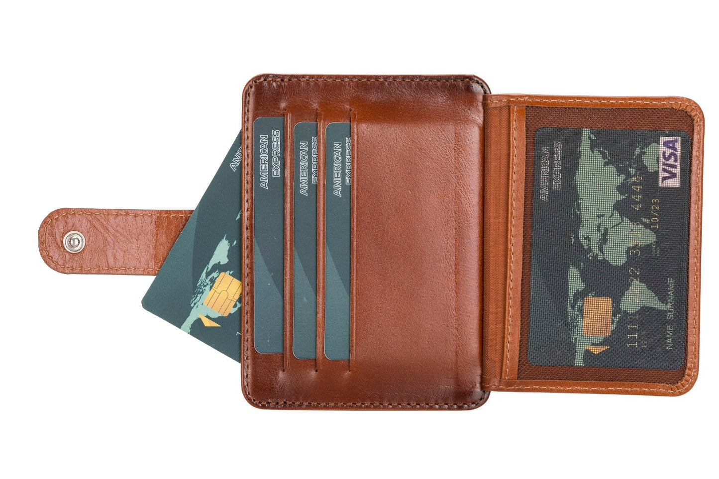 Leather Card Holder, 6 Card Compartments, 2 Windows, Effect Tan