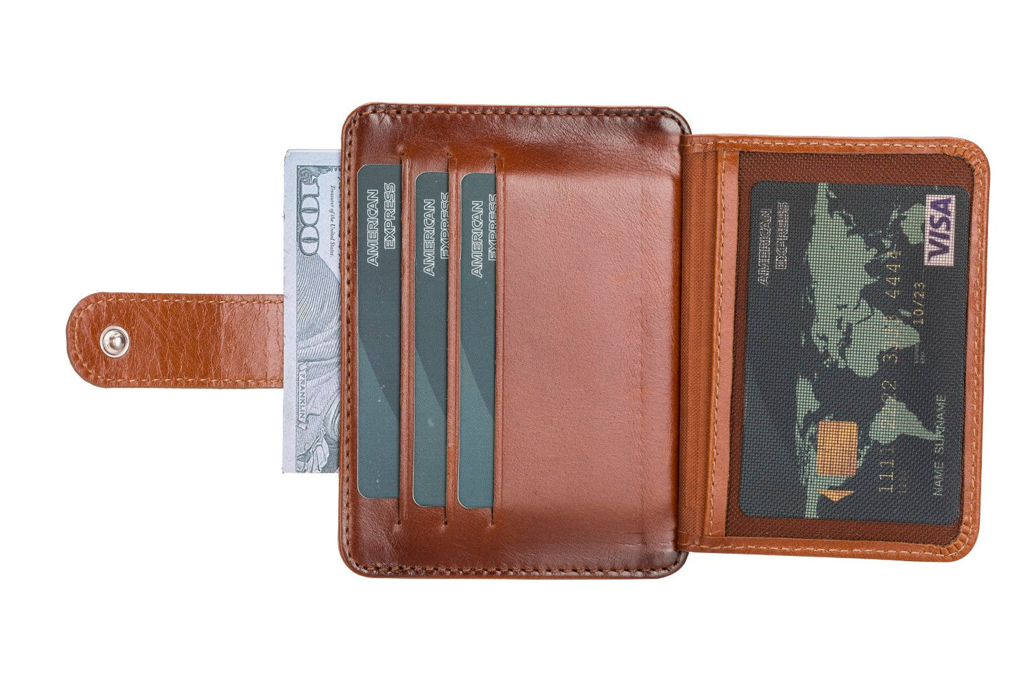 Leather Card Holder, 6 Card Compartments, 2 Windows, Effect Tan