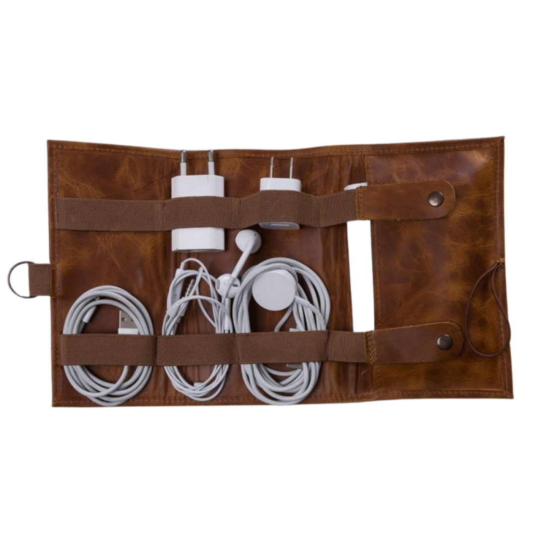 Leather Cable Accessory Carrying Bag G19 Tan