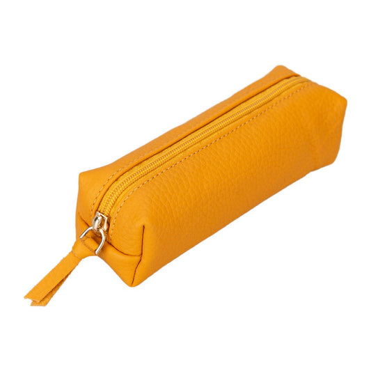 Real Leather Pencil Case, Handmade Zipper Case, Yellow