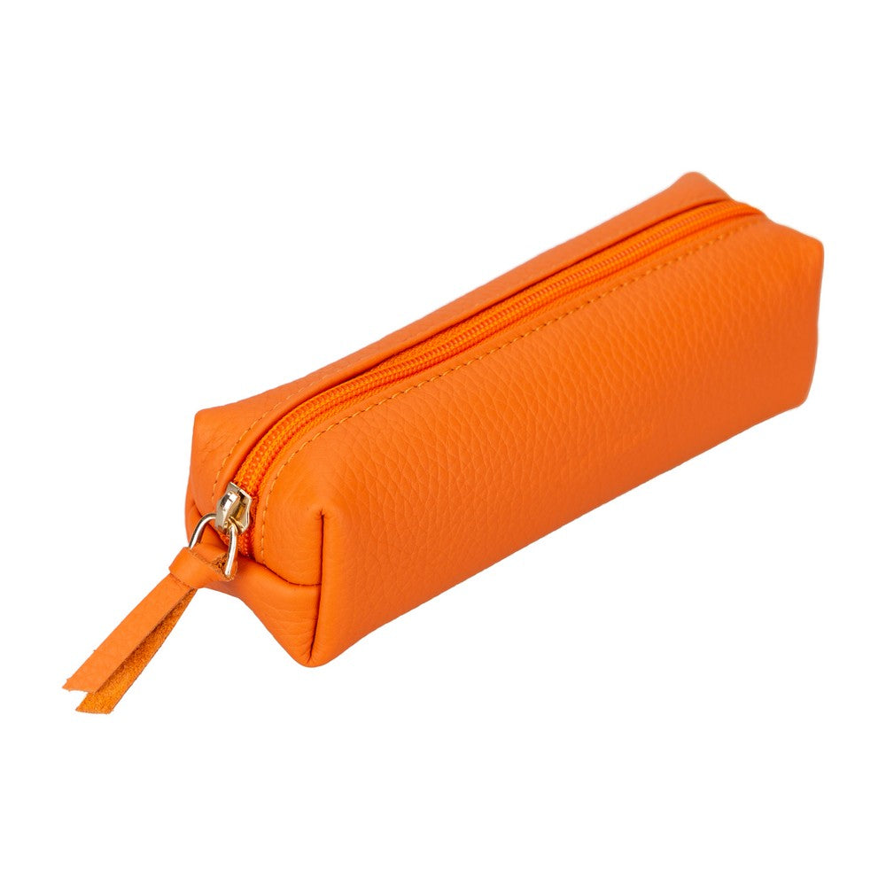 Real Leather Pencil Case, Handmade Zipper Case, Orange