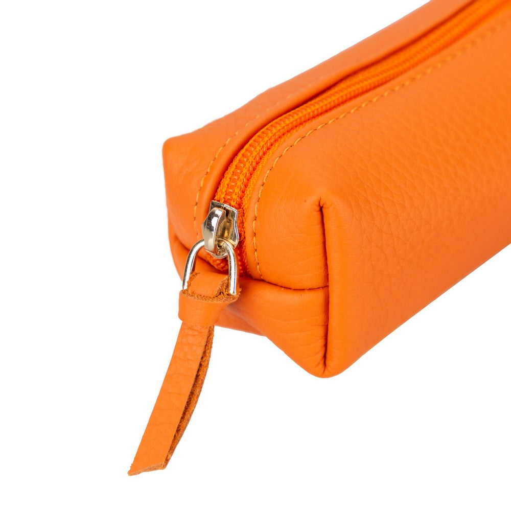 Real Leather Pencil Case, Handmade Zipper Case, Orange