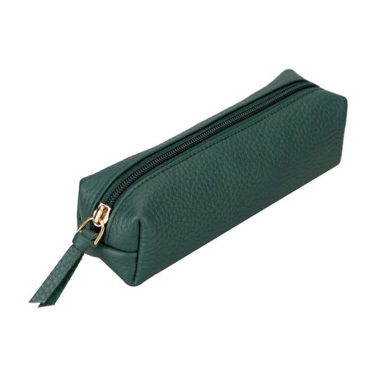 Real Leather Pencil Case, Handmade Zipper Case, Pine Green