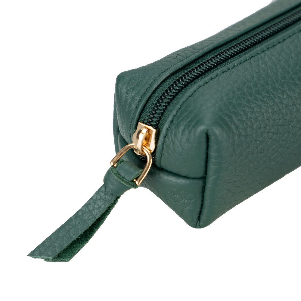 Real Leather Pencil Case, Handmade Zipper Case, Pine Green