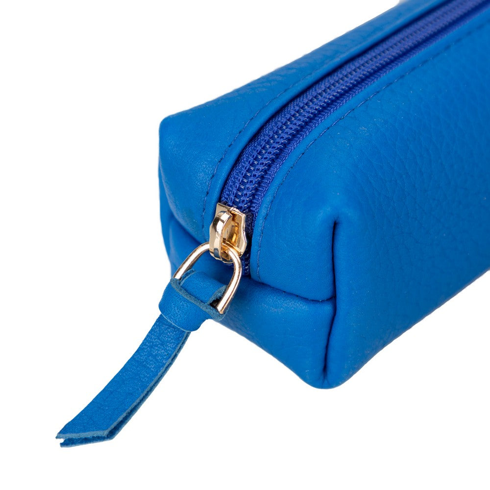 Real Leather Pencil Case, Handmade Zipper Case, Sea Blue