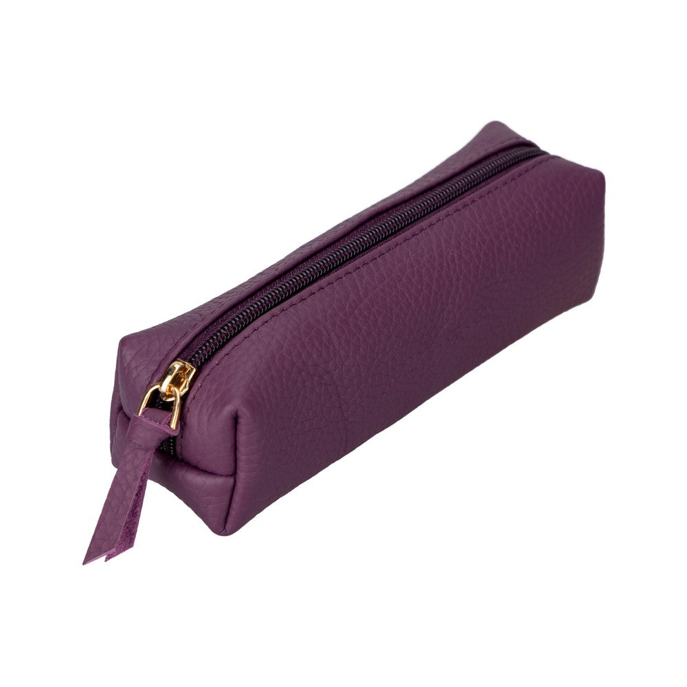 Real Leather Pencil Case, Handmade Zipper Case, Purple