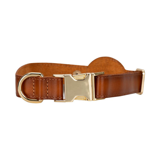 Handmade Dog Collar from Genuine Leather, Apple AirTag Compatible Slot, 50cm Adjustable Size, Tan 