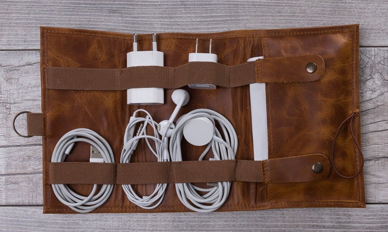 Leather Cable Accessory Carrying Bag G19 Tan