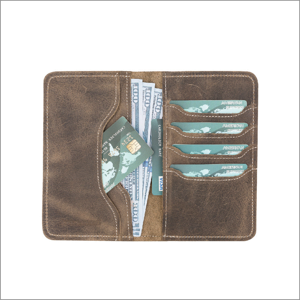 Passport Cover with Leather Wallet, 4 Card Compartments, Antique Brown