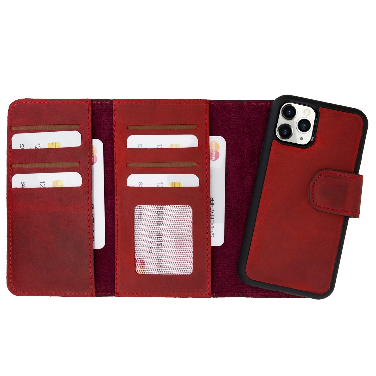 Apple iPhone 11 Pro Max Compatible Leather Wallet Case Santa Red