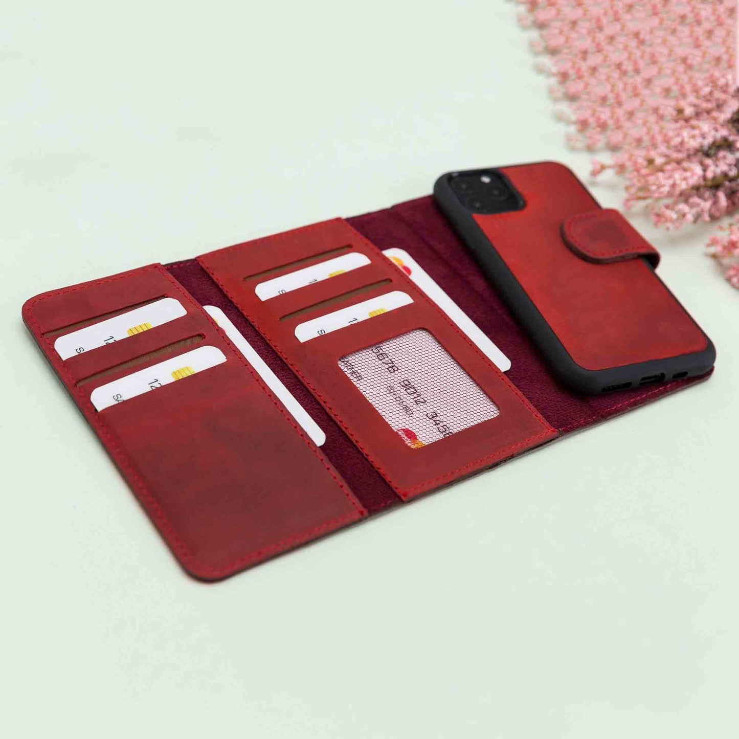 Apple iPhone 11 Pro Max Compatible Leather Wallet Case Santa Red