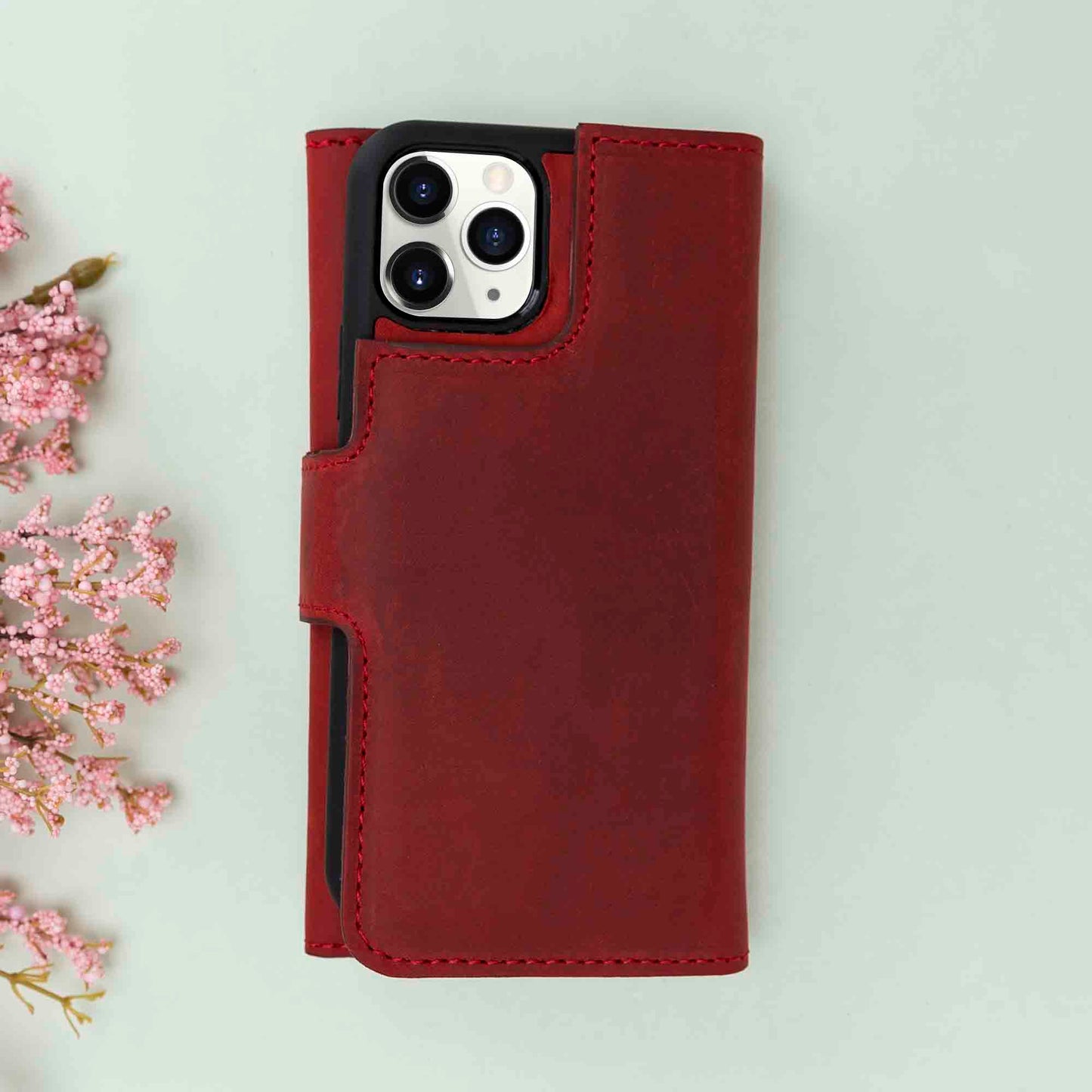 Apple iPhone 11 Pro Max Compatible Leather Wallet Case Santa Red