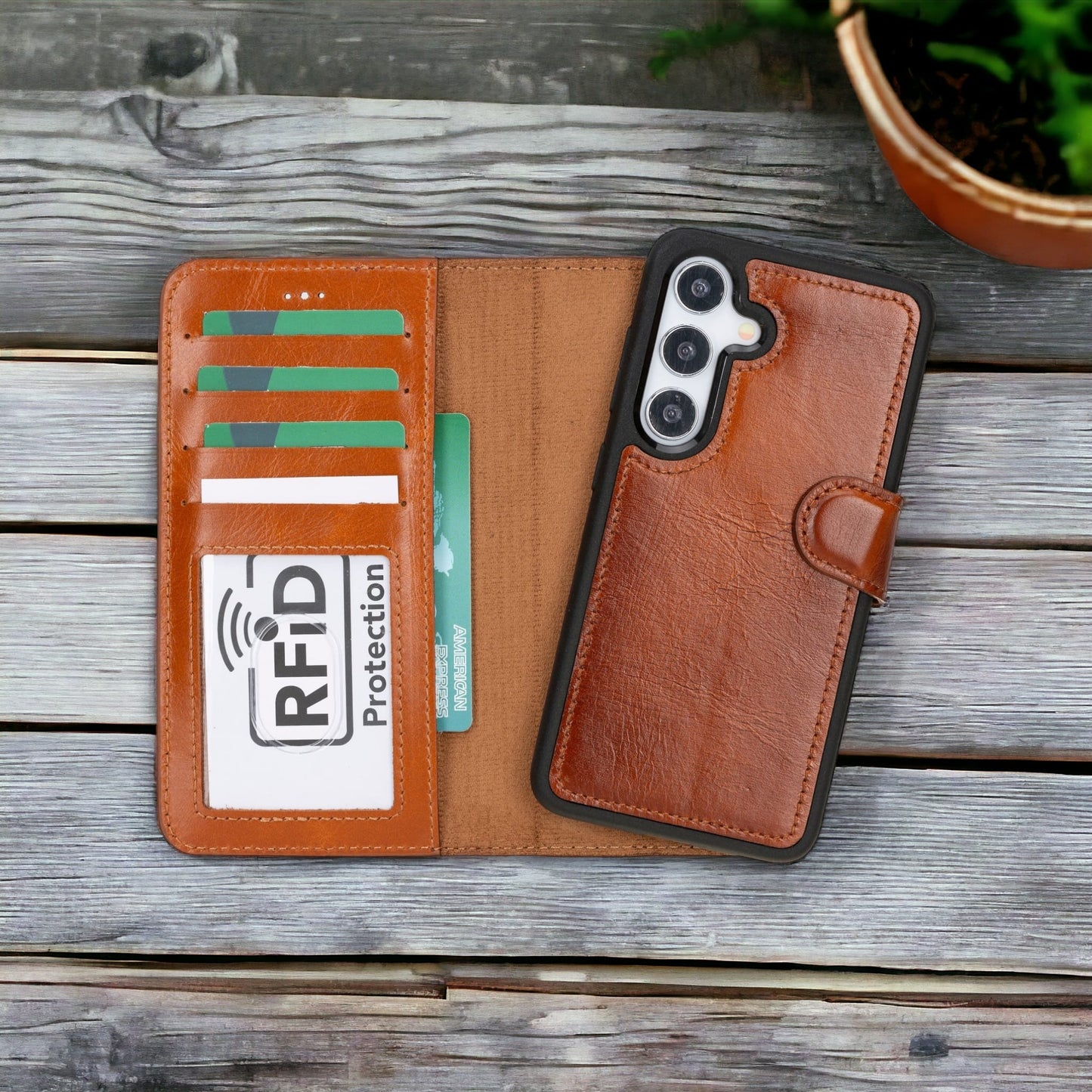 Samsung Galaxy S24 Compatible, Leather Wallet Case, Effect Tan