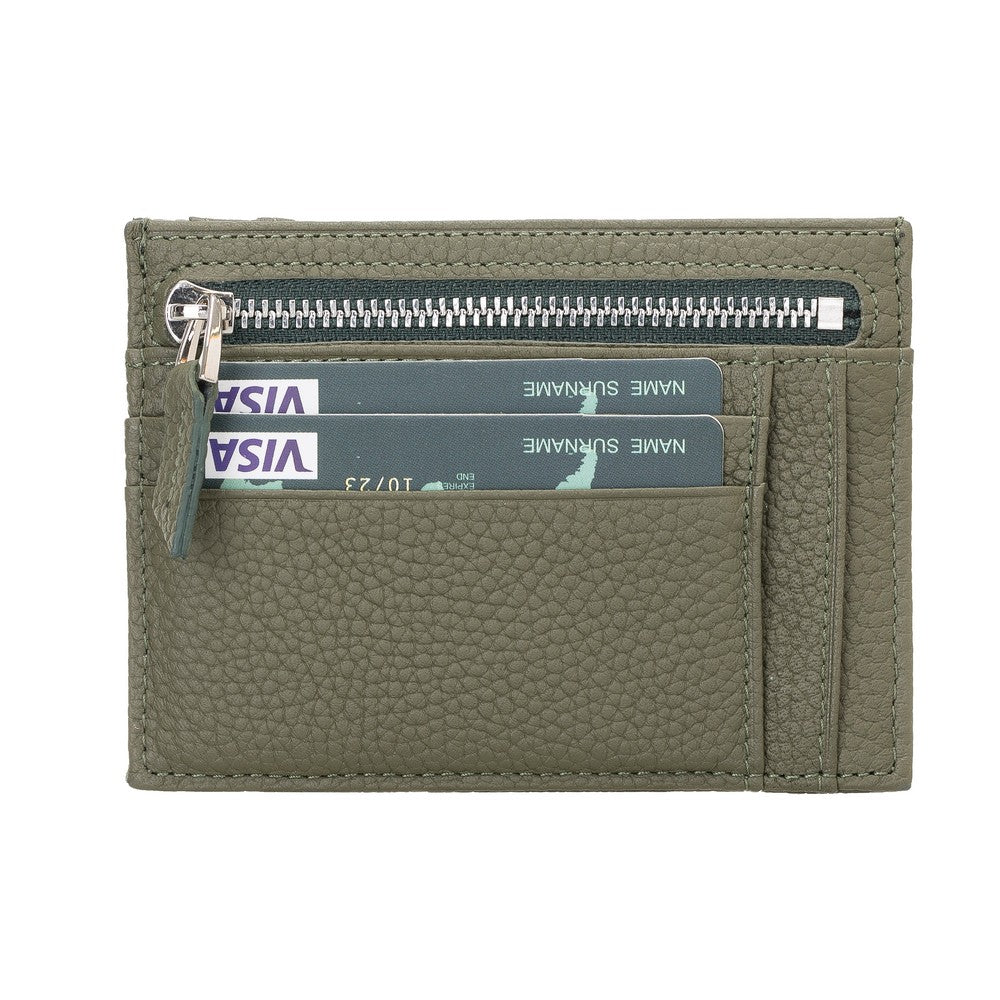 Leather Card Holder, Coin Compartment, 6 Card Compartments, Khaki Green