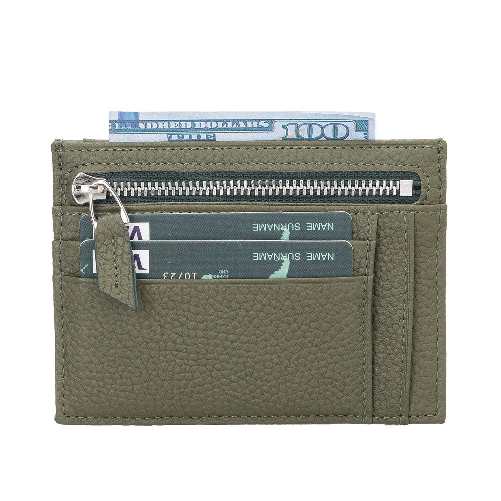 Leather Card Holder, Coin Compartment, 6 Card Compartments, Khaki Green