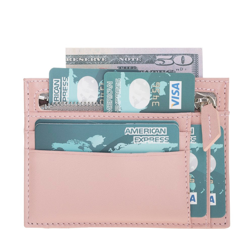 Leather Card Holder, Coin Compartment, 6 Card Compartments, Candy Pink