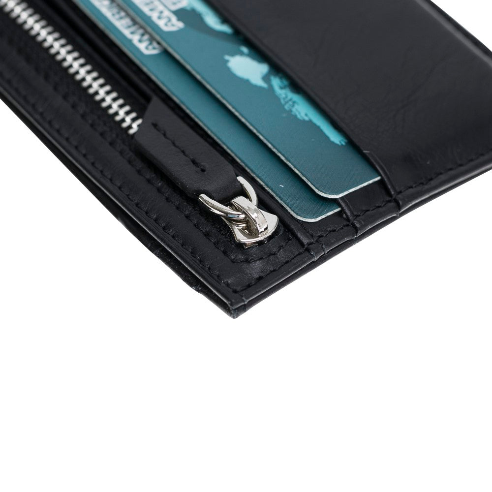 Leather Card Holder, Coin Compartment, 6 Card Compartments, Black