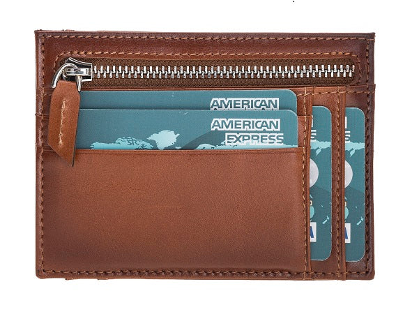 Leather Card Holder, Coin Compartment, 6 Card Compartments, Effect Tan