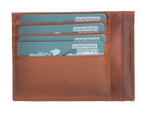 Leather Card Holder, Coin Compartment, 6 Card Compartments, Effect Tan