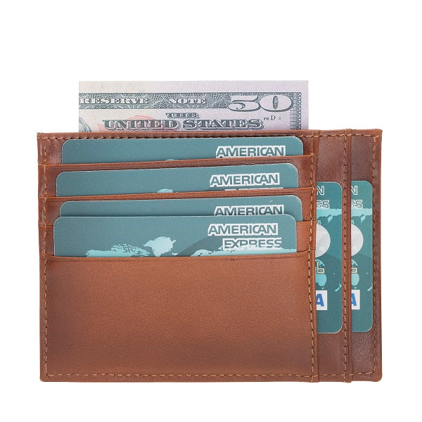 Leather Card Holder, Coin Compartment, 6 Card Compartments, Effect Tan