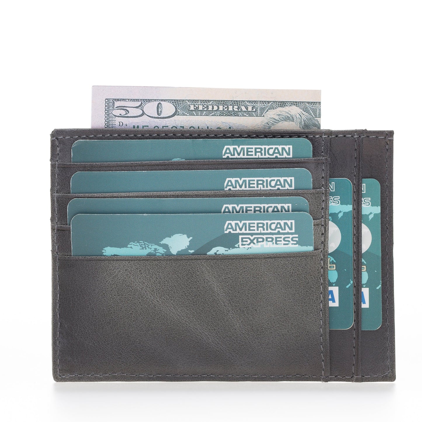 Leather Card Holder, Coin Compartment, 6 Card Compartments, Effect Gray