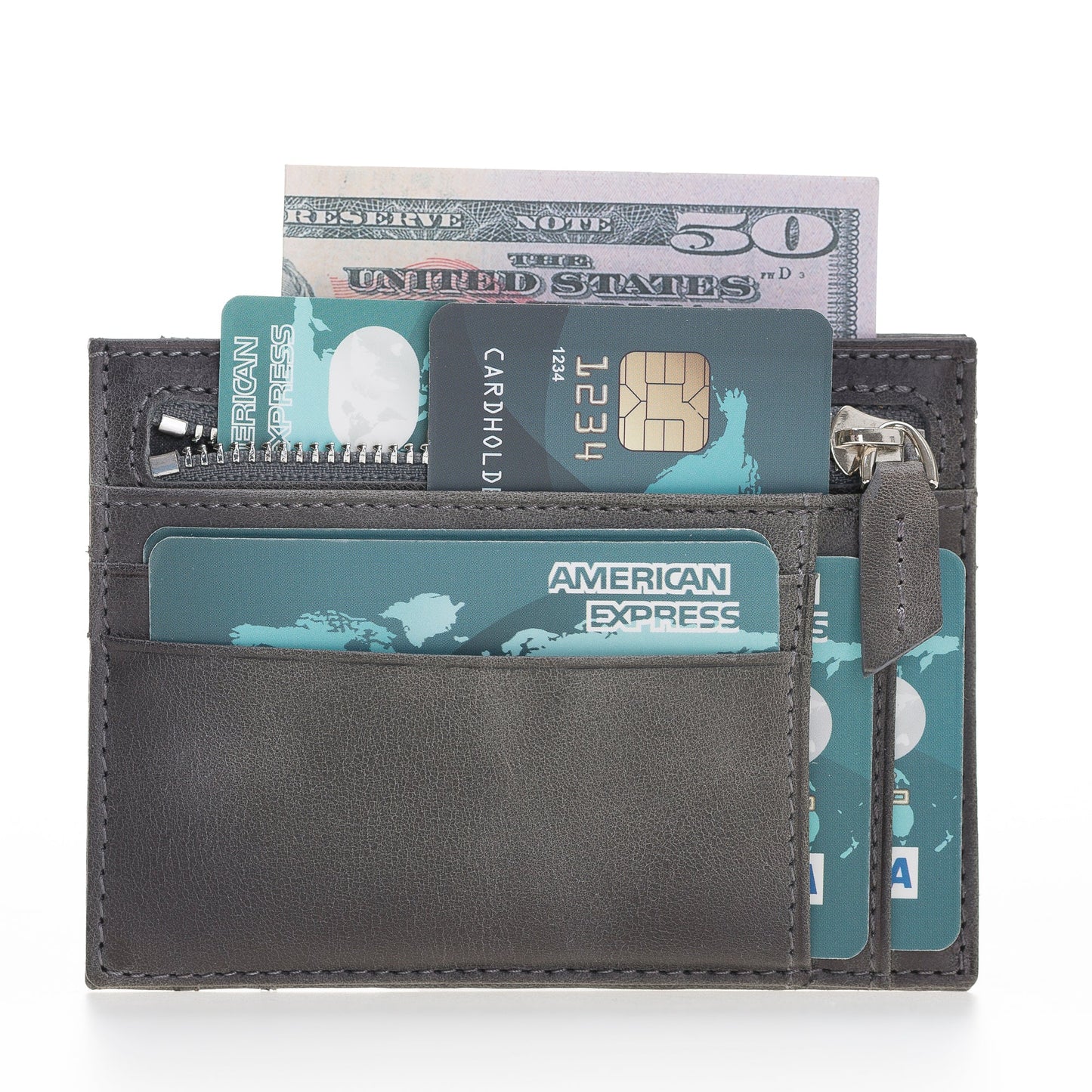 Leather Card Holder, Coin Compartment, 6 Card Compartments, Effect Gray